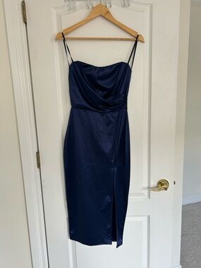 Windsor Navy Satin Midi Strapless Dress